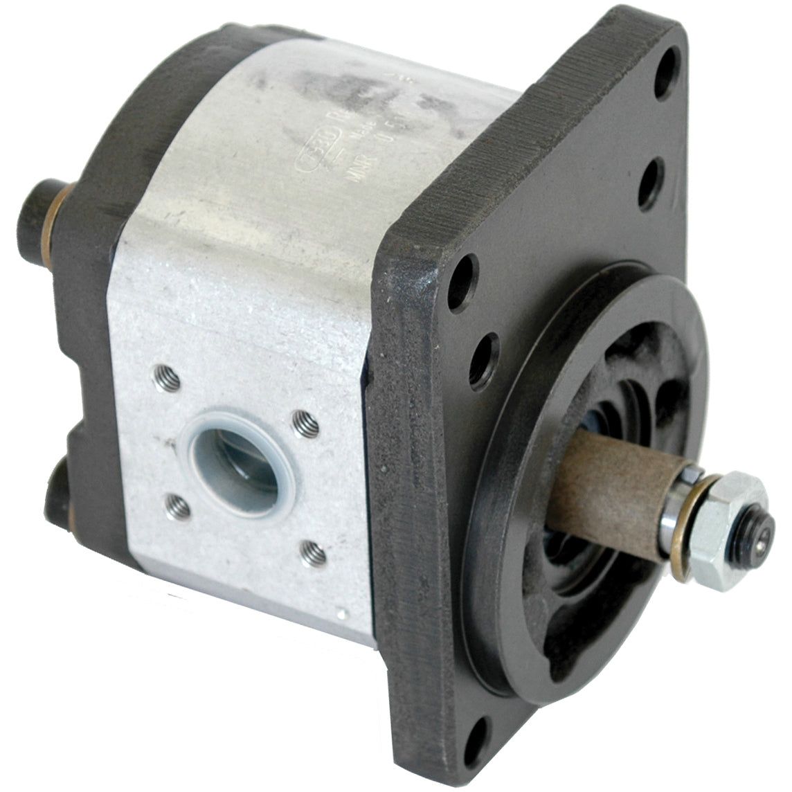 The Sparex Single Hydraulic Pump - S.34446 features a metal construction, rectangular mounting flange, cylindrical body, and protruding shaft secured with a nut and washer, embodying the precision you'd anticipate from a Lamborghini.