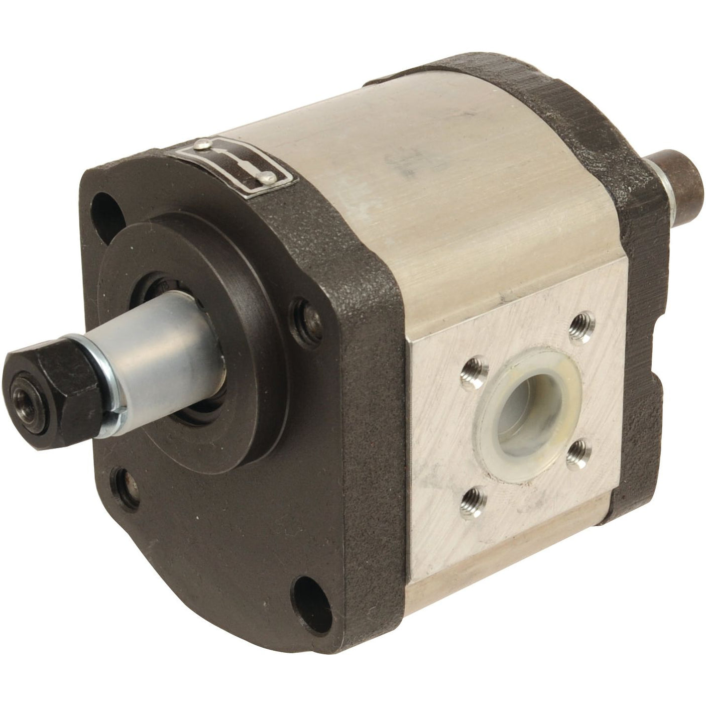 Image of the Single Hydraulic Pump - S.34454 by Sparex, featuring a black front casing, silver body, and visible output shaft. The pump includes mounting holes and a transparent blue protective cap on the shaft. Compatible with Deutz-Fahr machinery, this Sparex component ensures reliable performance.