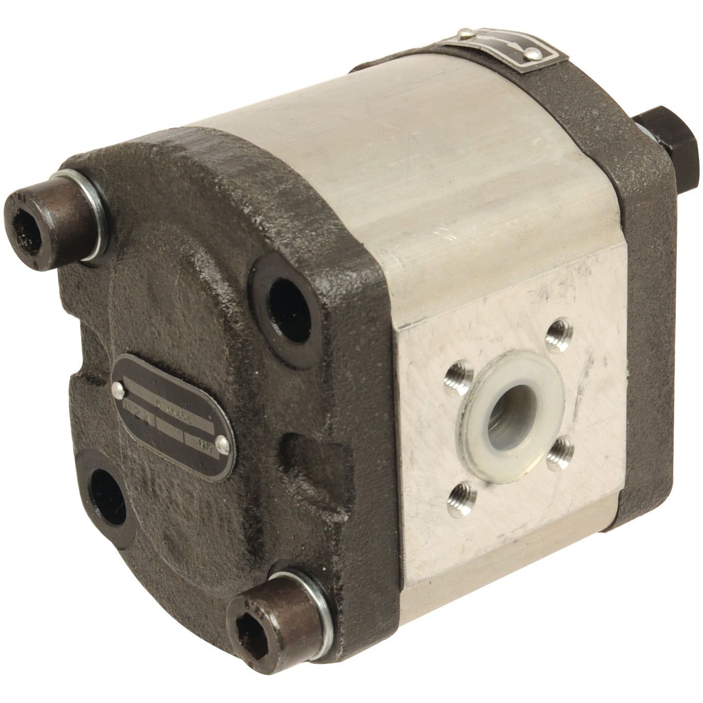 The Single Hydraulic Pump - S.34454, crafted by Sparex, is designed for efficiency and robust performance. This metal hydraulic gear pump features black and silver components, along with mounting holes and ports for fluid connection. Compatible with Deutz-Fahr machinery, it upholds the high standards of reliability and quality synonymous with Sparex parts.