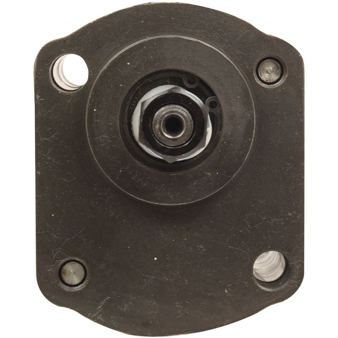 Close-up of the Single Hydraulic Pump - S.34454 by Sparex, a black circular mechanical component often found in Deutz-Fahr machinery, featuring a central hole and two off-center holes for mounting.