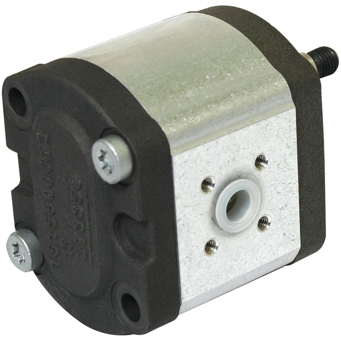 A metal hydraulic gear pump with a cylindrical structure, multiple bolts, and a central rotating shaft. This Sparex Single Hydraulic Pump - S.34455 is designed for use in hydraulic systems and equipment.