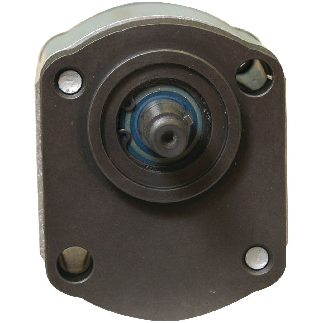 A close-up view of the Sparex Single Hydraulic Pump - S.34455 metallic mechanical component with a central blue disc and four screws in each corner, ideal for a Single Pump mechanism.