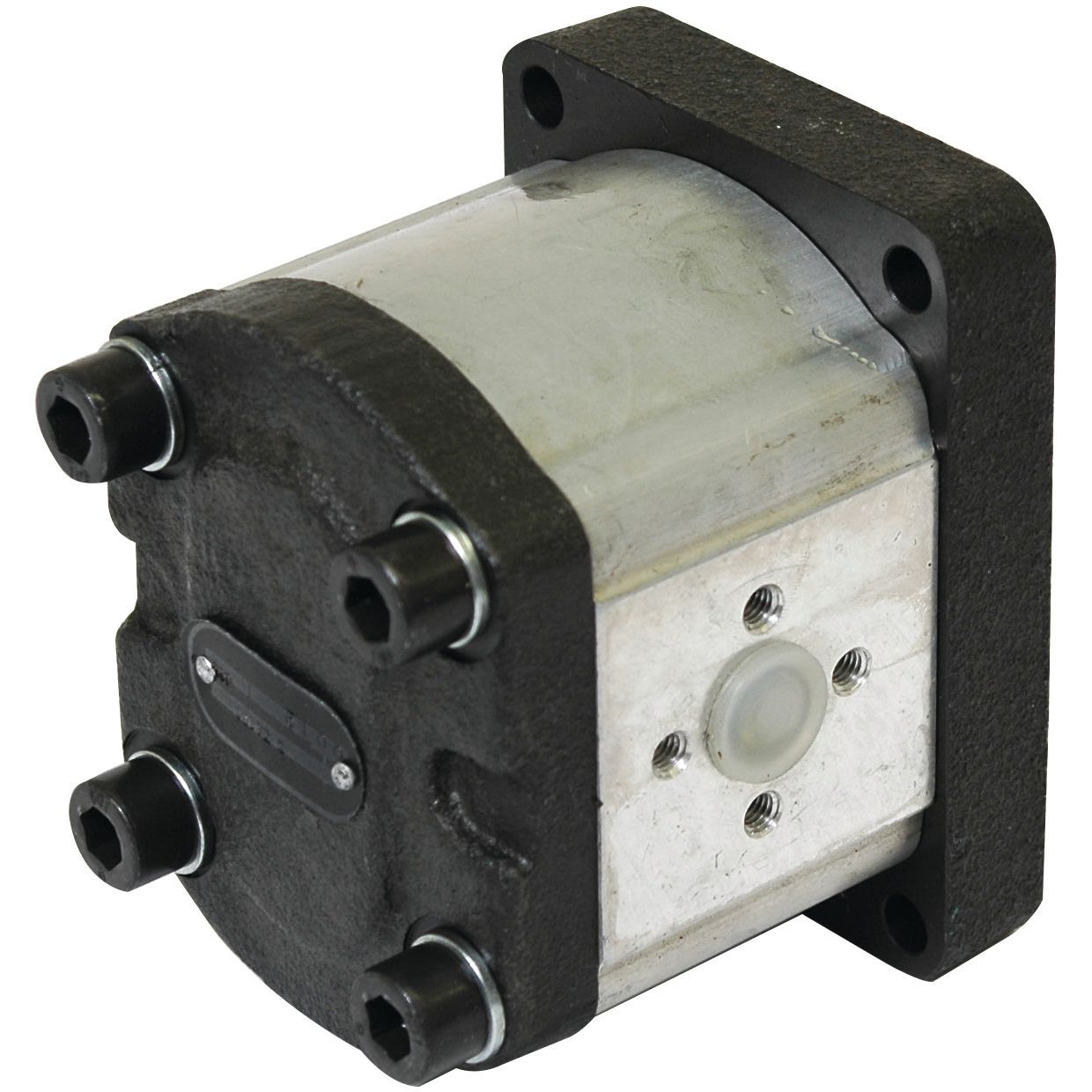 The Single Hydraulic Pump - S.34461 from Sparex is a metal hydraulic gear pump with a black casing, featuring multiple bolts and a circular central component, making it ideal for tractor parts.