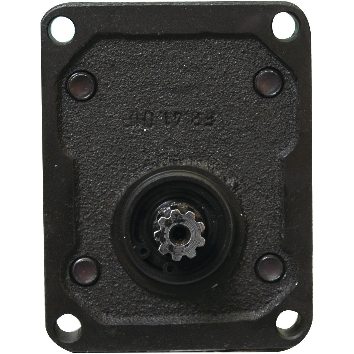 A close-up of the Sparex Single Hydraulic Pump - S.34461, a rectangular black mechanical component with a central gear and four corner screw holes, reminiscent of tractor parts.