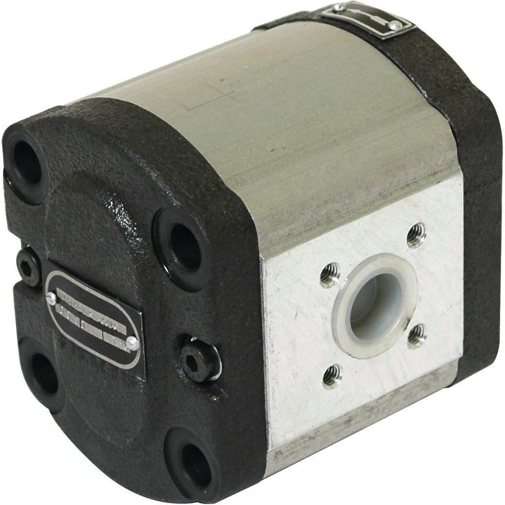 The Sparex Single Hydraulic Pump - S.34469 features a rectangular metal body, multiple mounting holes, and a central shaft port. This versatile pump is ideal for Deutz-Fahr machinery and other robust applications.