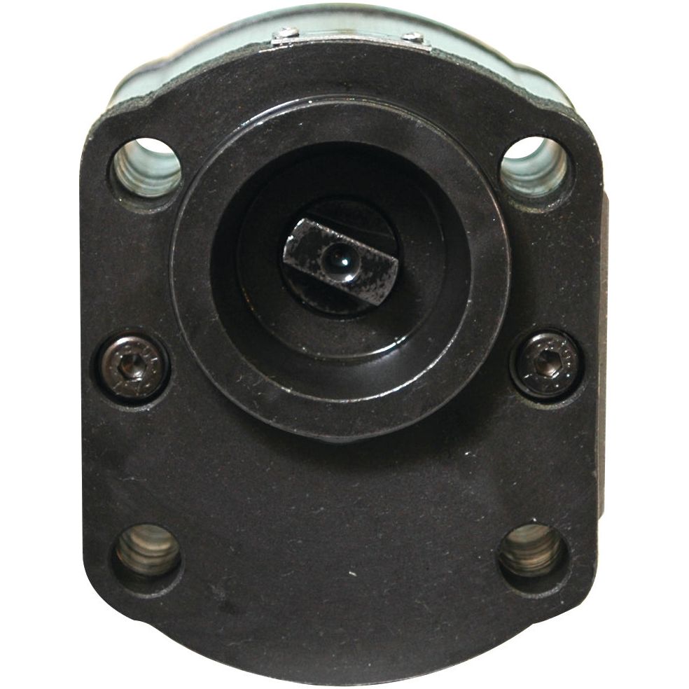 Close-up view of the Sparex Single Hydraulic Pump - S.34469, featuring a black mechanical part with a central rotating component, four screw holes, and metallic fixtures on the sides, resembling those found in Deutz-Fahr machinery.