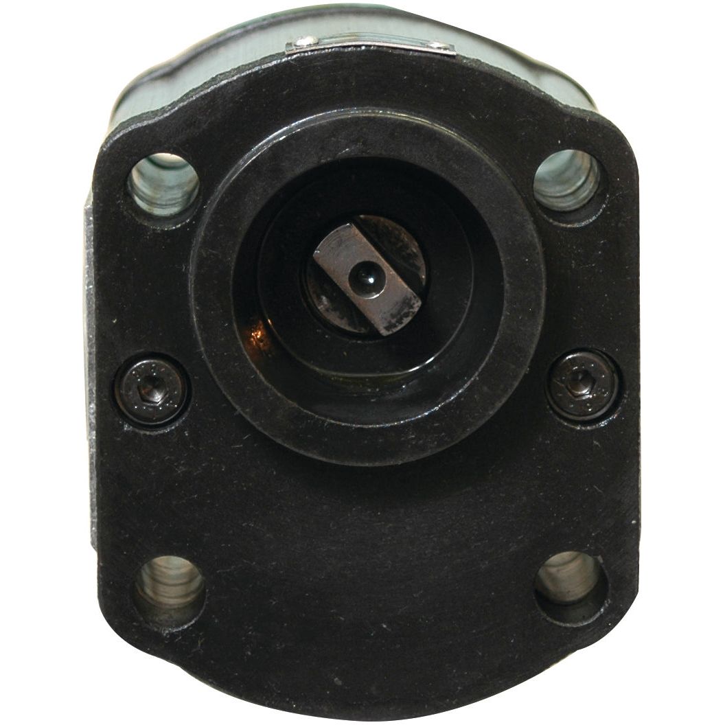 Close-up view of a Single Hydraulic Pump - S.34470's black connector socket with two screws and four mounting holes, compatible with Deutz-Fahr equipment, by Sparex.