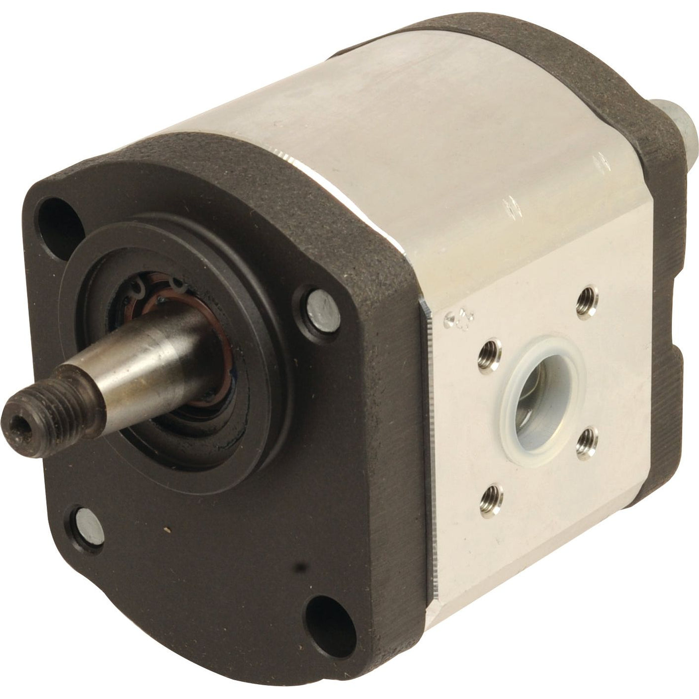 The Single Hydraulic Pump - S.34472 by Sparex is a metallic gear pump featuring a cylindrical shaft and rectangular housing, specifically designed for fluid transfer applications and compatible as a single pump replacement in Claas DOMINATOR machinery.