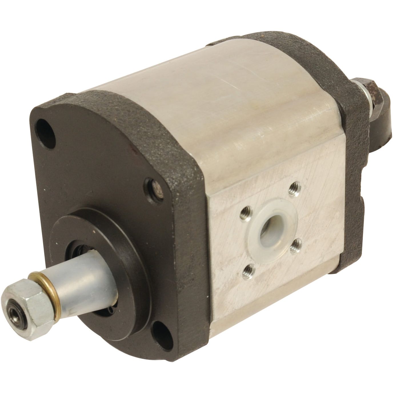 The Single Hydraulic Pump - S.34473 from Sparex features a metallic casing, multiple connection points, and an M6 fixing hole size.