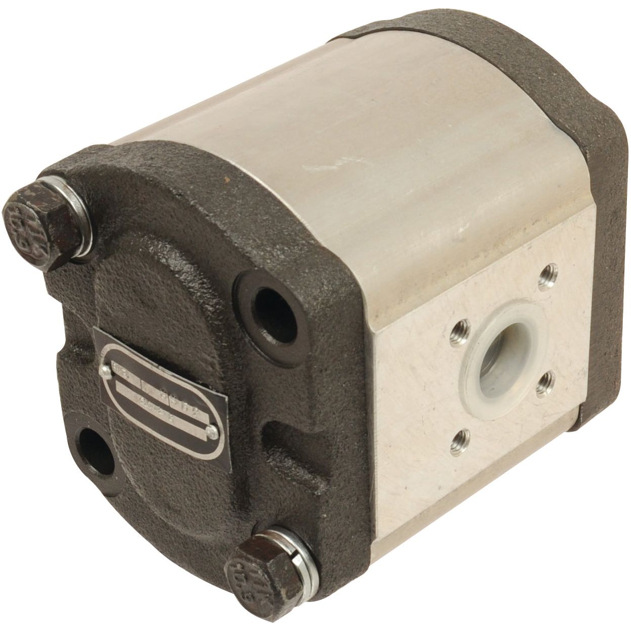 The Single Hydraulic Pump - S.34473 by Sparex is a metal hydraulic gear pump with a rectangular body that includes two M6 fixing holes on each side and a central circular inlet/outlet. This anti-clockwise pump is primarily gray and metallic, featuring a label attached to the dark section.