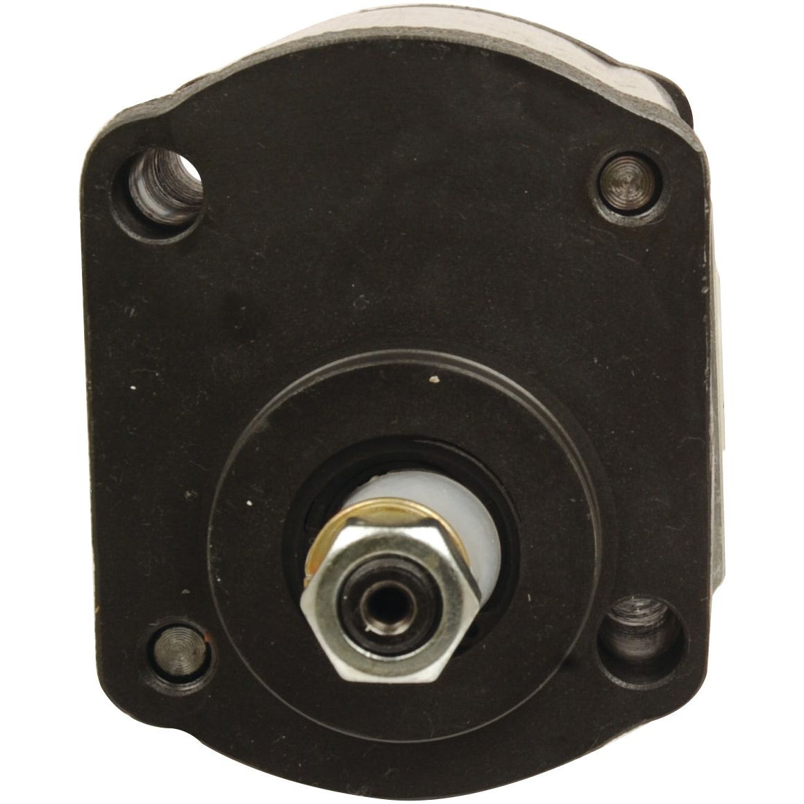 Close-up of the Single Hydraulic Pump - S.34473 by Sparex, featuring a central hexagonal nut and two M6 fixing holes on either side.