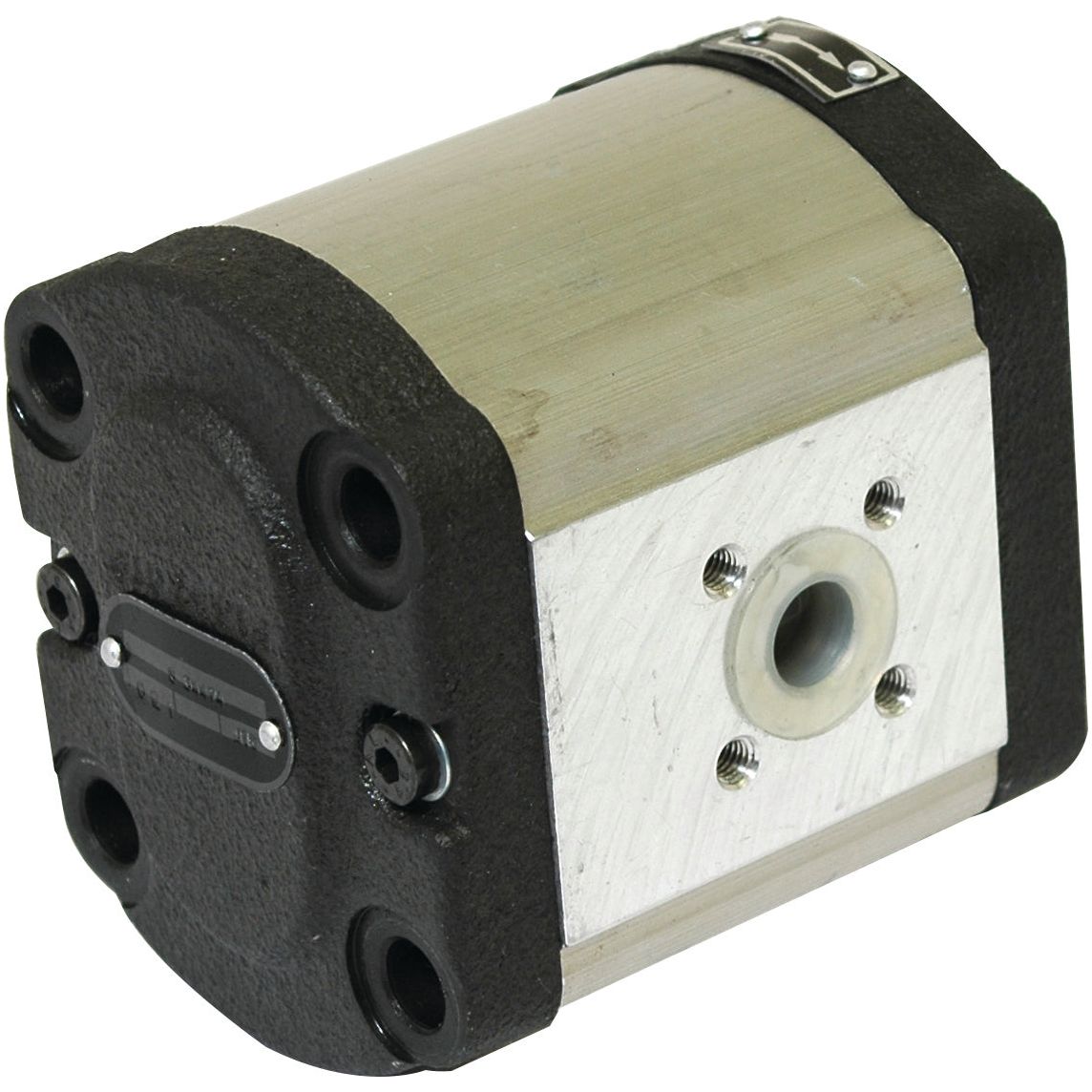 A rectangular, silver and black hydraulic gear motor featuring several bolt holes and a central shaft hole is shown. This essential industrial component, known as the Single Hydraulic Pump - S.34474 by Sparex, is designed to meet rigorous pump specifications.