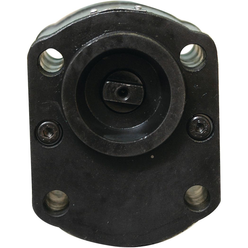 The Single Hydraulic Pump - S.34474 by Sparex is a black mechanical part featuring a circular center and four symmetrically arranged screw holes, making it ideal for use in pump specifications or other industrial components.