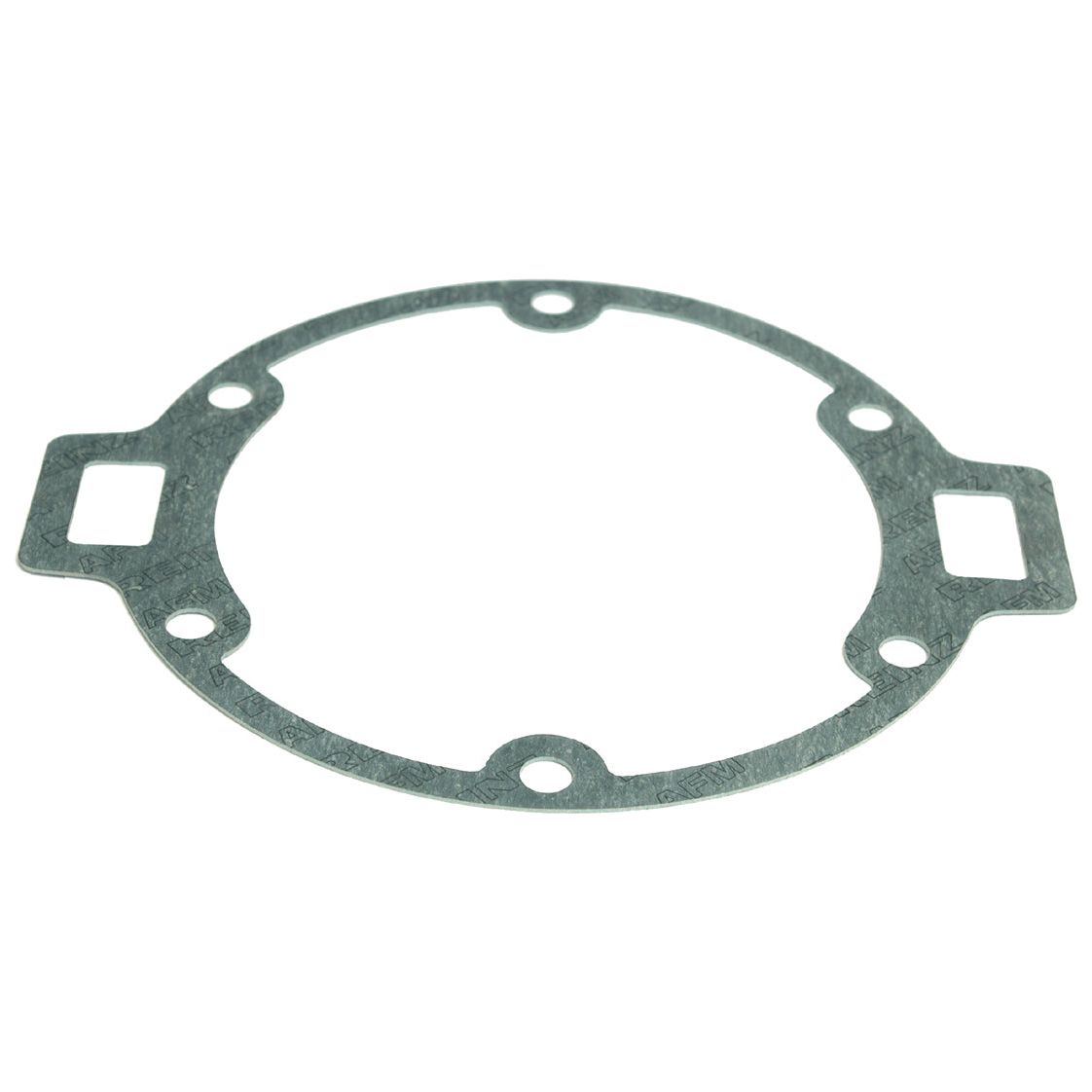 Close-up view of a round metal gasket with multiple small holes and two rectangular extensions on opposite sides, showcasing the precision found in a Sparex Filter Gasket - Oil (Sparex Part No. S.34483).