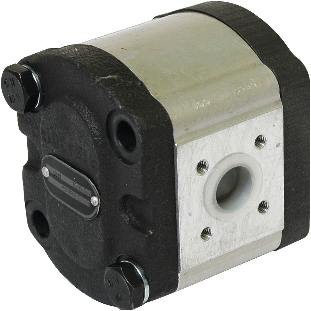 The Single Hydraulic Pump - S.344859 by Sparex is an industrial-grade hydraulic gear pump featuring a durable metal casing with black end caps. It includes two hexagonal bolts and a central output hole, making it ideal for heavy-duty applications and ensuring efficient performance.