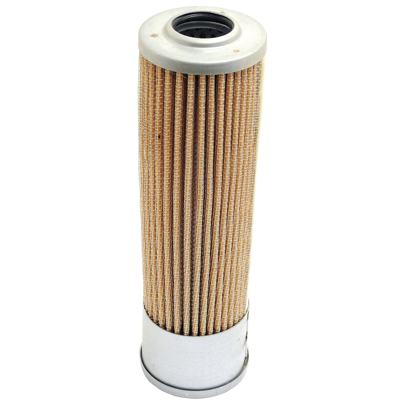 The Hydraulic Filter - Element by Sparex (Part No. S.34494) is a cylindrical, vertically-oriented air filter featuring a pleated paper design with metallic top and bottom fixtures, making it ideal for Fendt tractors.