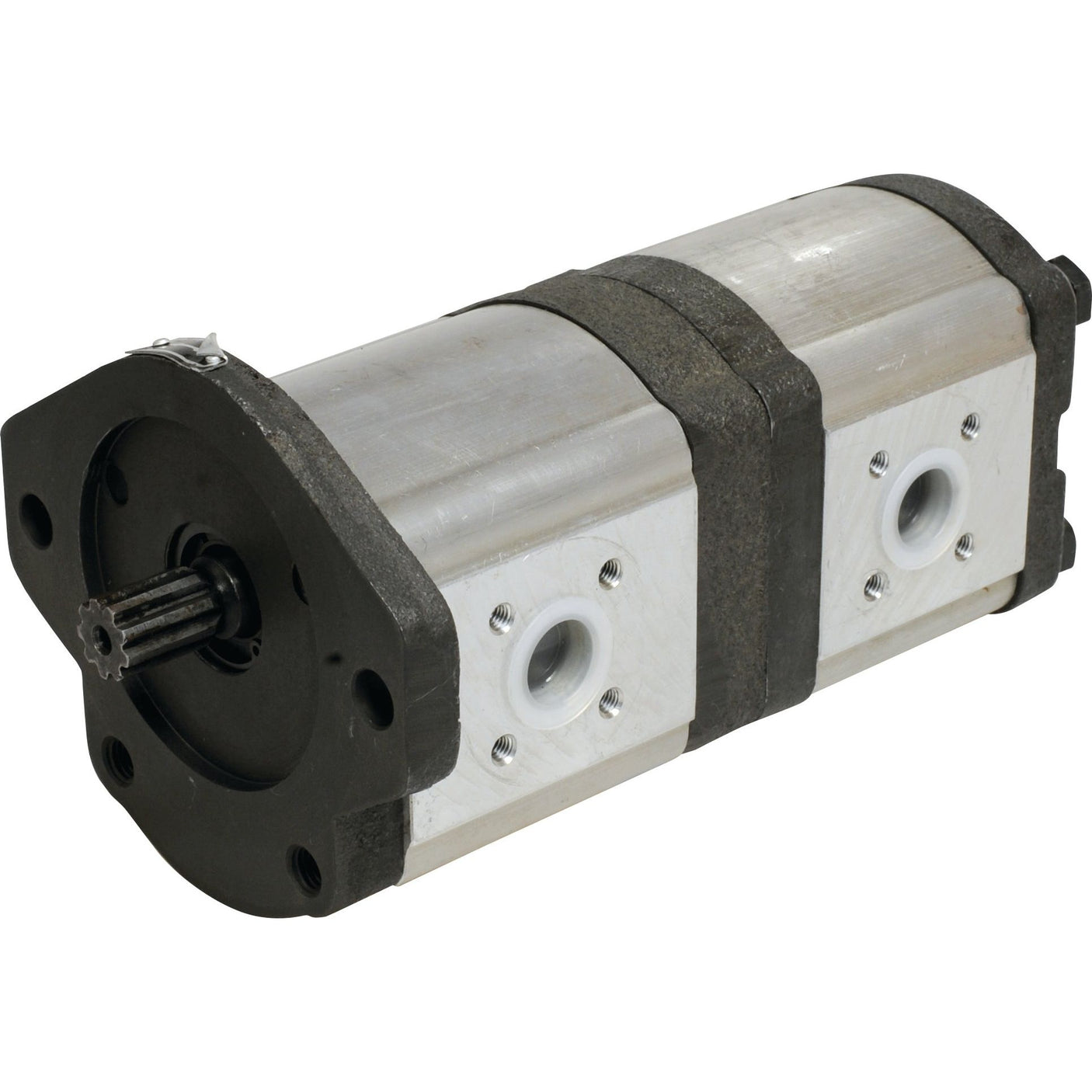 The Sparex Tandem Hydraulic Pump - S.34568, equipped with a black mounting plate and silver casing, features two fluid ports and multiple bolts, operating efficiently at 3000 rpm.