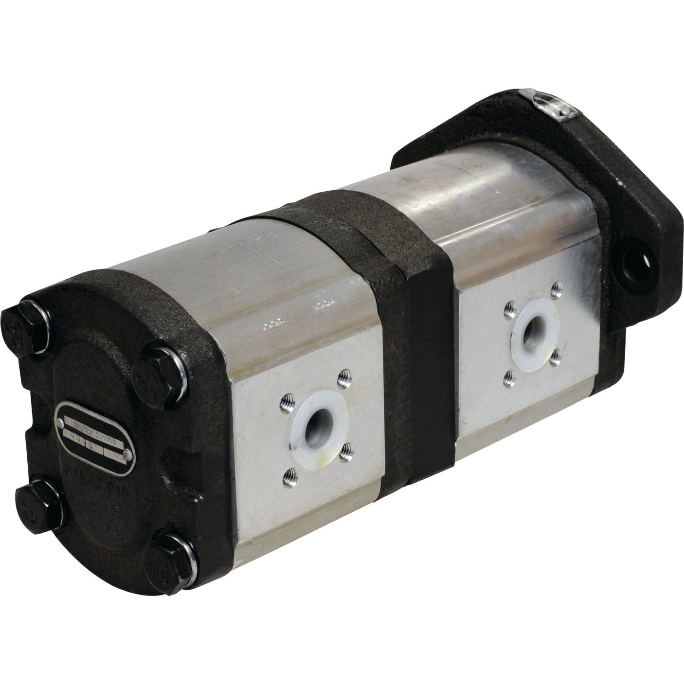 The Tandem Hydraulic Pump - S.34568 by Sparex is a metal hydraulic gear pump featuring bolted connections, two inlet/outlet ports, and a cylindrical body with a dark and silver color scheme. This Tandem Pump operates efficiently at 3000 rpm and is compatible with Sparex components.