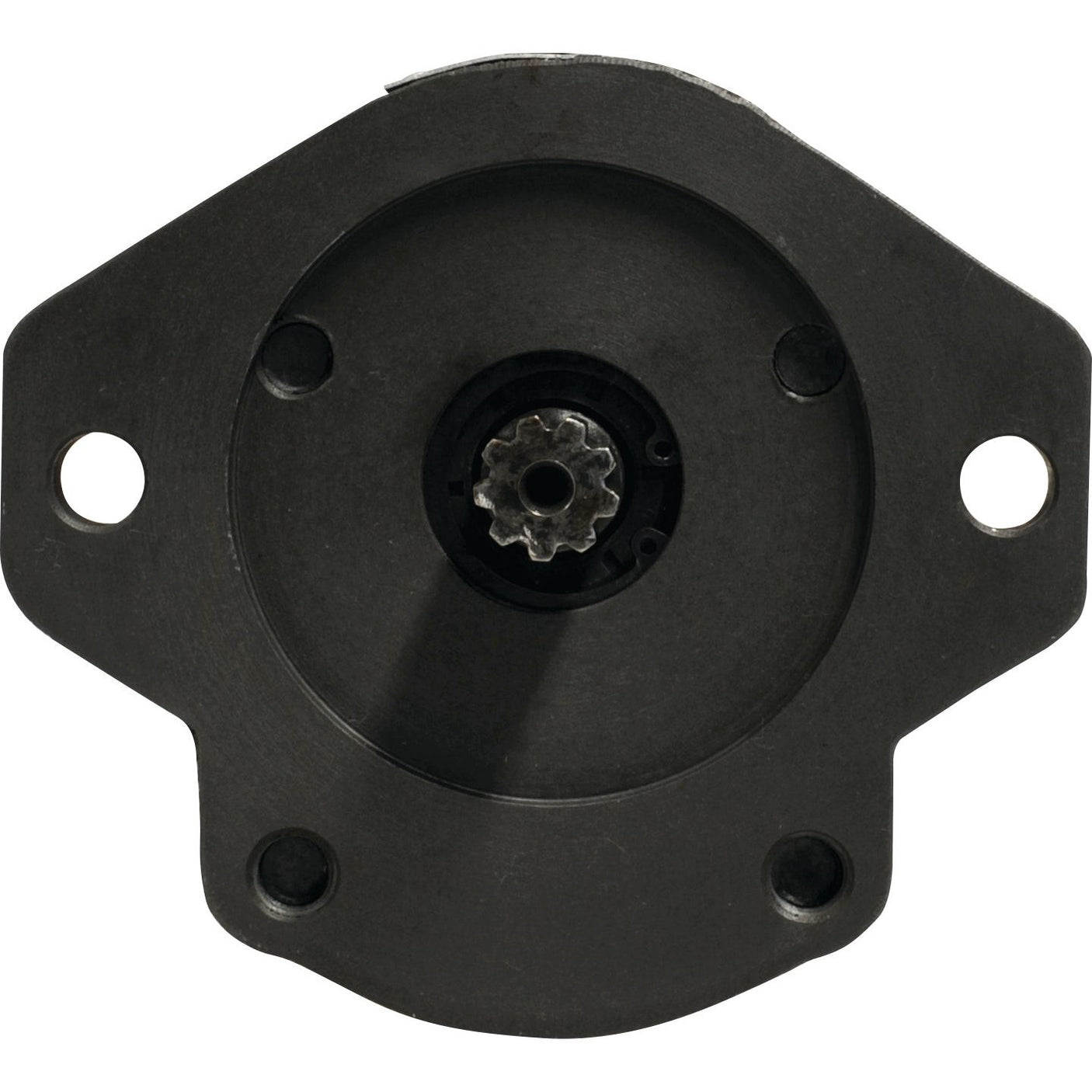 A black metal mechanical gear, featuring a central cog and three surrounding bolt holes, is viewed head-on and is ideal for use in the Sparex Tandem Hydraulic Pump - S.34568 operating at 3000 rpm.