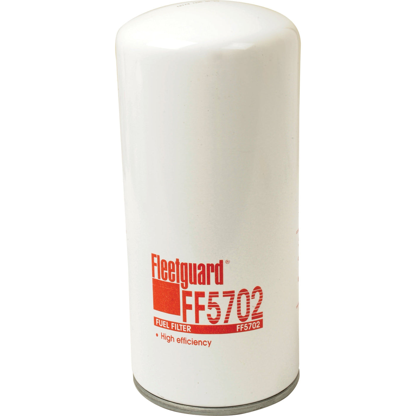 A white Sparex FF5702 high-efficiency spin-on fuel filter is shown. The text on the filter includes the brand name, model number, and efficiency description in red.