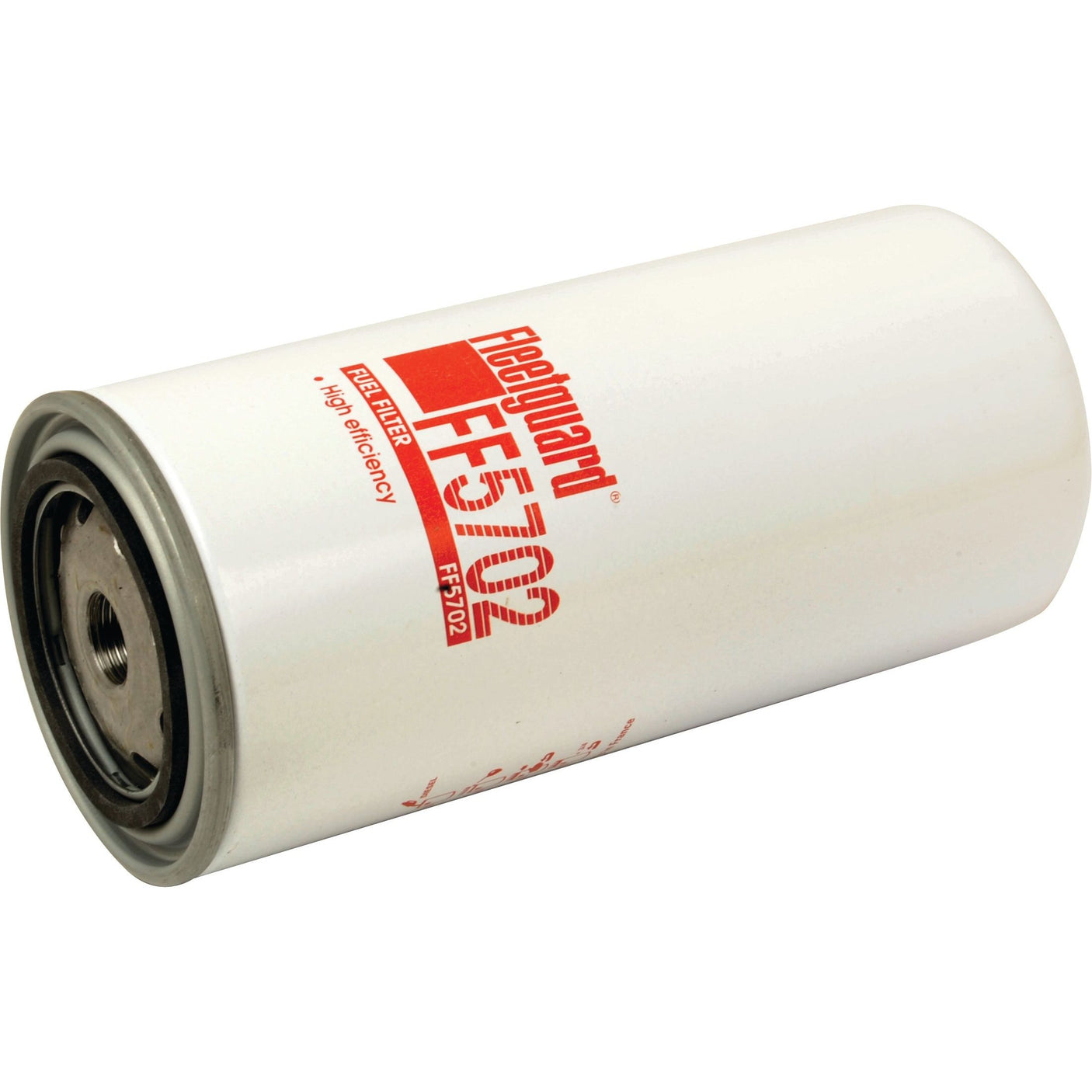 Image of a white Sparex Fuel Filter - Spin On - FF5702 (Sparex Part No. S.34595) with red and black text, designed for diesel engines. The filter is cylindrical with a metal flange and threaded connector at one end.