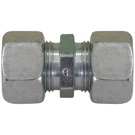 Close-up of a Sparex Hydraulic Metal Pipe Straight Coupling 20S M30X2,0MM (Sparex Part No.S.34707), featuring two short threaded sections on either end, ideal for use in hydraulic metal pipe systems.