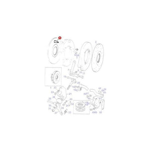 Exploded view of a mechanical assembly, featuring numbered components including gears, bolts, and plates, with the AGCO Massey Ferguson Stud Brake Actuator 1005512M2 (part number 31) highlighted by a red dot and arrow; ideal for identifying parts for Massey Ferguson 100 Series tractors.