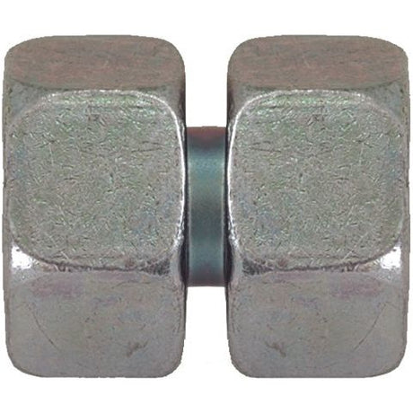 A double-nut with a thin seam in the middle, likely used as a coupling nut to connect two threaded shafts, such as the Hydraulic Metal Pipe Straight Coupling 18L M26X1.5 (Sparex Part No. S.34714) from Sparex for hydraulic metal pipe applications.