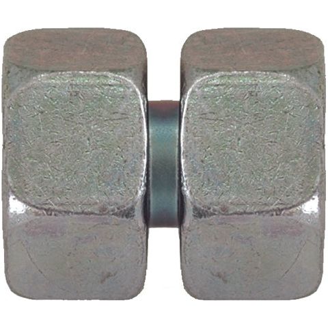 Close-up of the Sparex Hydraulic Metal Pipe Straight Coupling 12S M20X1.5 (Sparex Part No.S.34717), a metal hex coupling nut with a threaded interior, typically used to fasten two bolts or threaded rods together in hydraulic metal pipe applications.