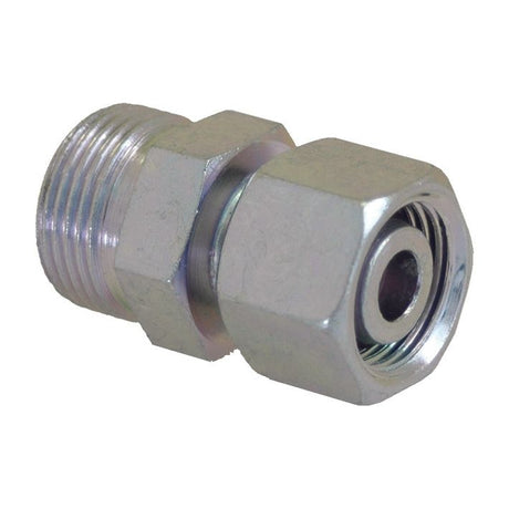 The Sparex Hydraulic Metal Pipe Straight Reducer Coupling 10L / 12L (Sparex Part No.S.34732) is a steel threaded hydraulic adapter with a hexagonal body and a male end fitting, ideal for connecting hydraulic metal pipes.