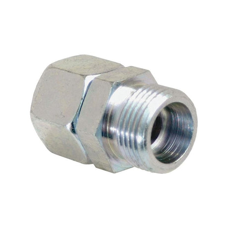 A close-up view of a Sparex Hydraulic Metal Pipe Straight Reducer Coupling 12L / 12S (Part No. S.34733) with a hexagonal shape and threaded end.