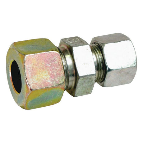 The Sparex Hydraulic Metal Pipe Straight Reducer Coupling 12 / 6L, part number S.34746, features hexagonal nuts on both ends and is designed for connecting two pipes or tubes in plumbing or mechanical systems.