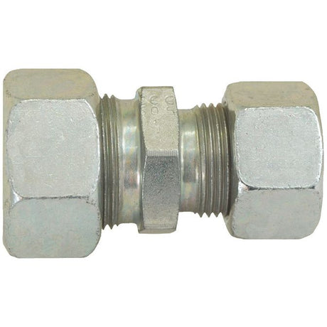 A metal compression fitting connector with hexagonal nuts on both ends, often used in plumbing or gas lines, is similar to the Sparex Hydraulic Metal Pipe Straight Reducer Coupling 22 / 15L (Part No. S.34750).