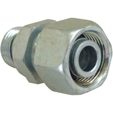 Close-up of a metallic cable gland connector with a threaded body and hexagonal nut, resembling the Sparex Hydraulic Metal Pipe Stud Coupling M14X1,5 / 10L (Part No.S.34757).