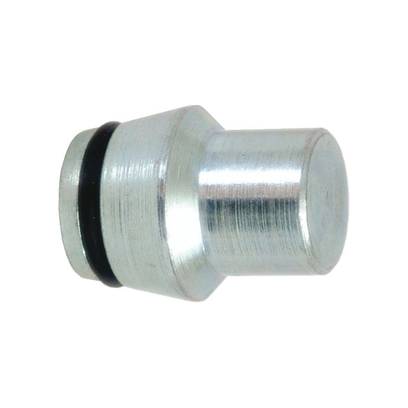 The Sparex Hydraulic Blanking Plug C/w O-Ring-12l (Sparex Part No. S.34769) is a cylindrical metal fitting with a wide base that tapers to a narrower flat end, featuring a black rubber O-ring near the wider end, making it ideal as a compression fitting for pipes with an outer diameter of 12mm.