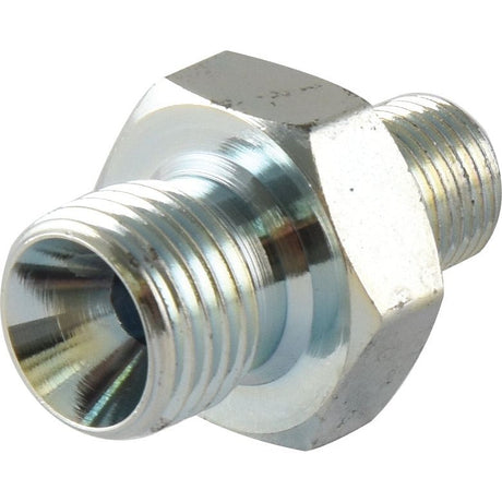 The Sparex Hydraulic Adaptor (Sparex Part No. S.35040) features two differently sized BSP male threaded ends (1/8'' BSP and 1/4'' BSP) and a hexagonal central section, and it appears to be made of steel.