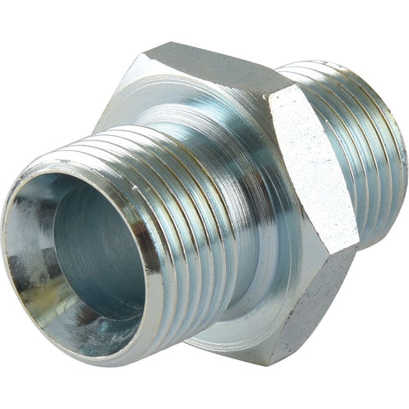 A close-up of a Sparex Hydraulic Adaptor 1/2''BSP male - 5/8''BSP male (Sparex Part No. S.35042) with threaded ends, hexagonal center, and a silver finish.