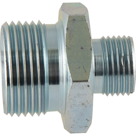 The Sparex Hydraulic Adaptor (Part No. S.35043) is a metal pipe fitting with 1/2'' BSP male threaded ends on one side and 1'' BSP male threaded ends on the other, separated by a hexagonal middle section.