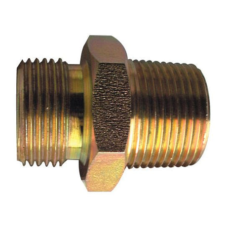 The Sparex Hydraulic Adaptor 1/4'' BSP male - 1/4'' NPT male, featuring a brass design with a hex nut center and threaded ends for connecting pipes, can be configured as either BSP Male or NPT Male. The product is available under the designation Sparex Part No. S.35048.