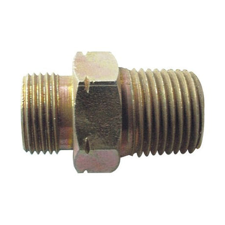 Introducing the Sparex Hydraulic Adaptor, part No. S.35060—a brass male-to-male pipe fitting with threads on both ends, perfect for use as a hose adaptor or for M20 male to 1/2'' NPT male connections.