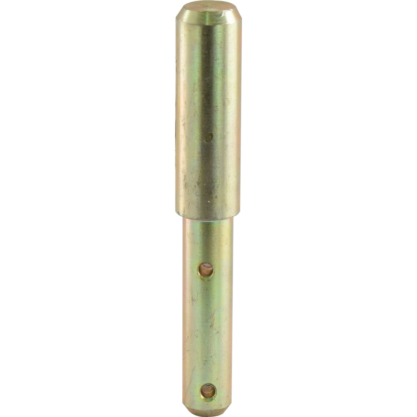 A Lower Link Pin from Sparex, part no. S.3540, designed for dual category 22 - 28mm Cat.1/2 applications, is a cylindrical metal component with a slightly tapered end and two holes drilled through the bottom half for precision use.
