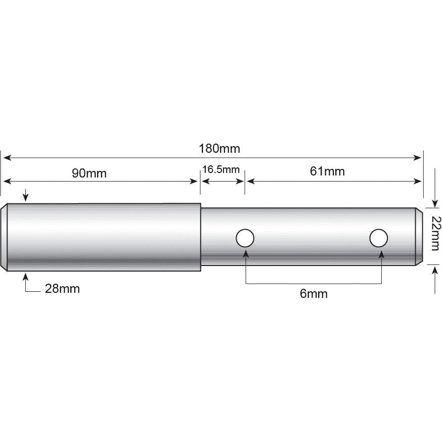 A technical diagram of the Lower link pin - Dual category 22 - 28mm Cat.1/2 (Sparex Part No.S.3540) from Sparex, featuring measurements such as an overall length of 180mm, a diameter of 28mm at one end and 22mm at the other, along with various additional dimensions and working lengths indicated.