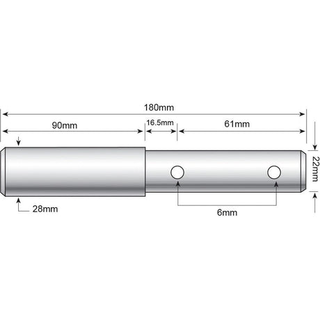 A technical diagram of the Lower link pin - Dual category 22 - 28mm Cat.1/2 (Sparex Part No.S.3540) from Sparex, featuring measurements such as an overall length of 180mm, a diameter of 28mm at one end and 22mm at the other, along with various additional dimensions and working lengths indicated.