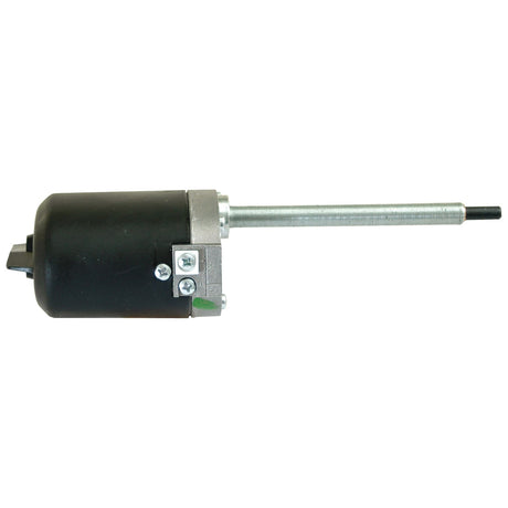 The Wiper Motor 12V (Sparex Part No.S.35428) by Sparex NLA is a cylindrical black and metal actuator with an extended rod, featuring screws and a bracket for mounting, making it ideal for integration into a 12V system.