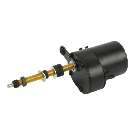 Image of the Wiper Motor 12V (Sparex Part No. S.35440) from Sparex, featuring a cylindrical black DC motor with an extended threaded rod, various washers, and nuts along the rod's length, ideal as a replacement wiper motor.