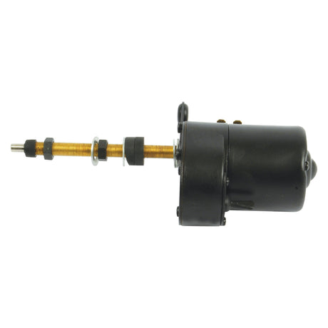 Introducing the Sparex Wiper Motor 12V (Part No. S.35440) which features a black motor housing on the right, resembling those found in standard 12V wiper motors, with an extended threaded rod and hardware extending to the left, designed for converting rotational motion into linear motion.