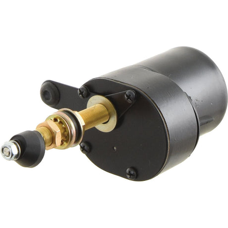 A small black cylindrical electronic component with threaded gold-colored connectors and various hardware attachments, ideal for integrating into the Sparex Wiper Motor 12V (Sparex Part No. S.35443).