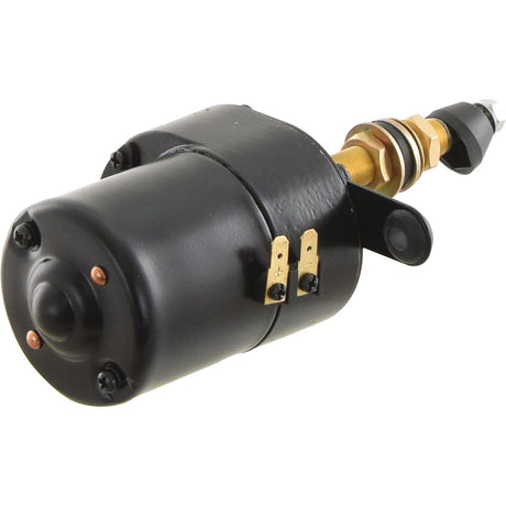 Close-up of a black, cylindrical electric solenoid valve with two brass connectors and a mounting bracket, showcasing precision engineering similar to the Sparex Wiper Motor 12V | Part No. S.35443.