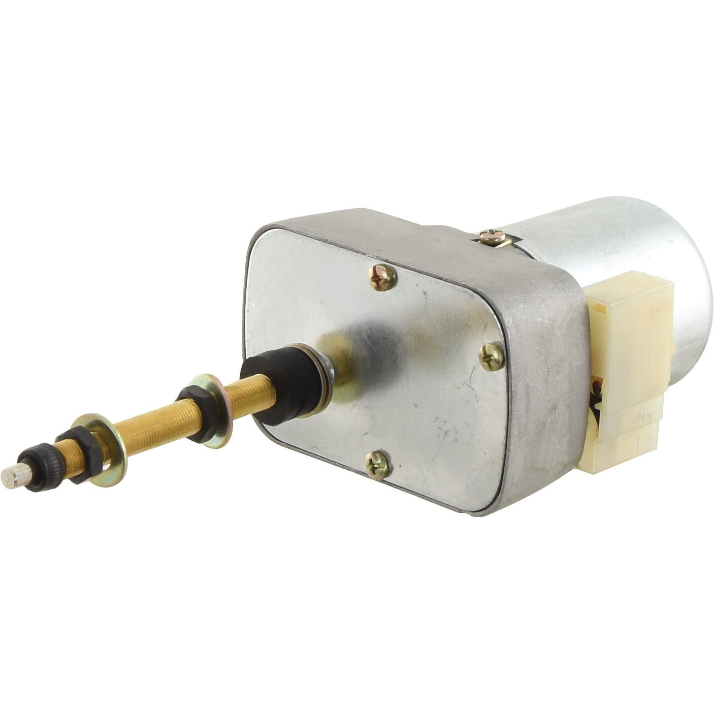 A compact metallic solenoid valve actuator with a cylindrical body, frequently employed in systems such as the Sparex Wiper Motor 12V (Sparex Part No. S.35444), features an extended piston rod.