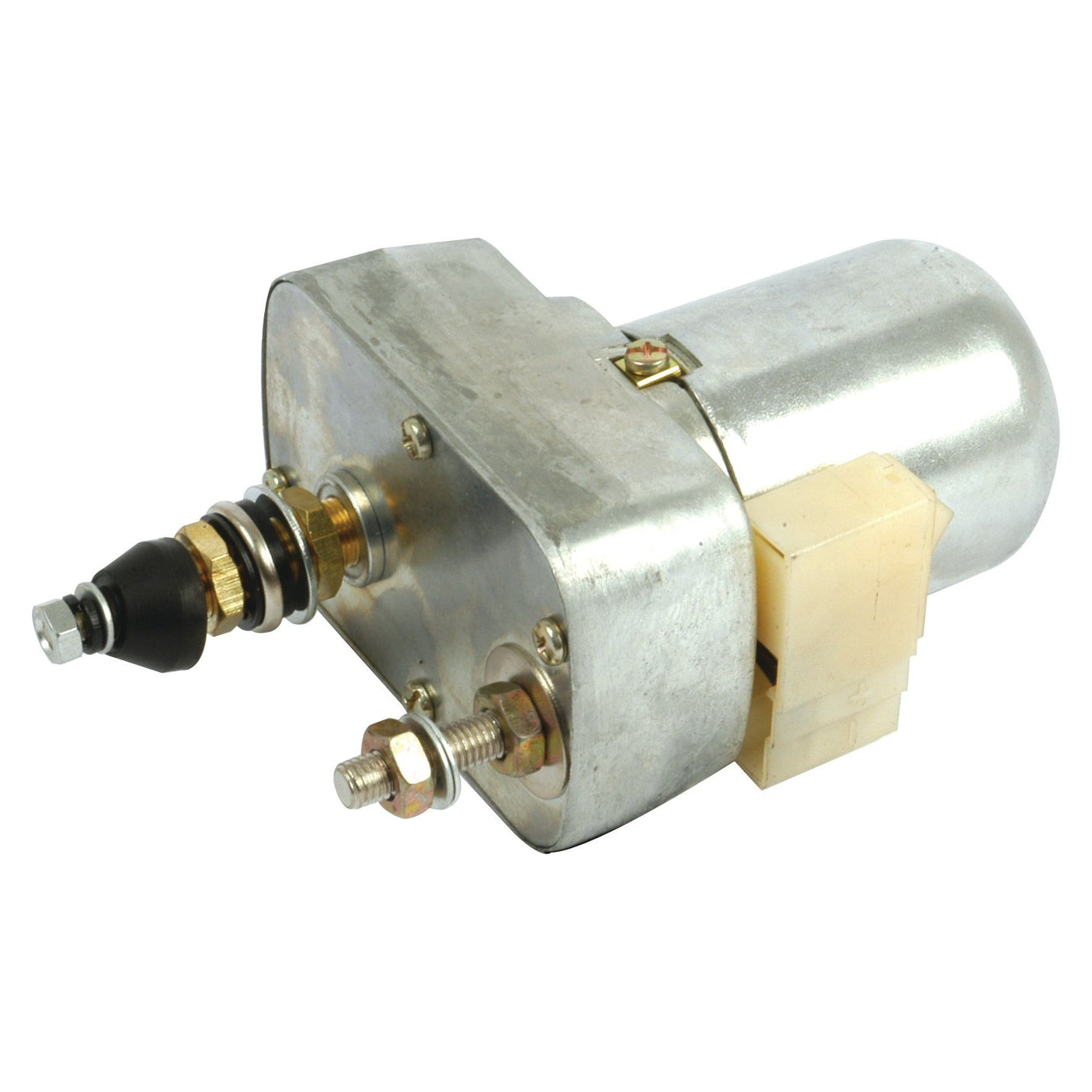 The Sparex Wiper Motor 12V (Part No.S.35447) is a compact metallic solenoid valve equipped with an attached coil and connection terminals, commonly utilized in diverse mechanical and electrical applications, including Ford / New Holland systems.